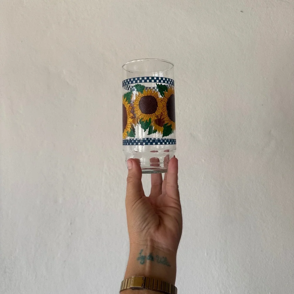 Vintage Sunflower Drinking Glass Blue Checkered Tall Tumbler Replacement Farm